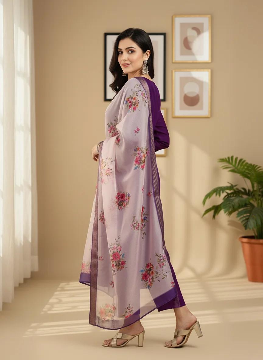 Regal Violet Rayon Suit with Contrast Cream Dupatta thumbnail 4