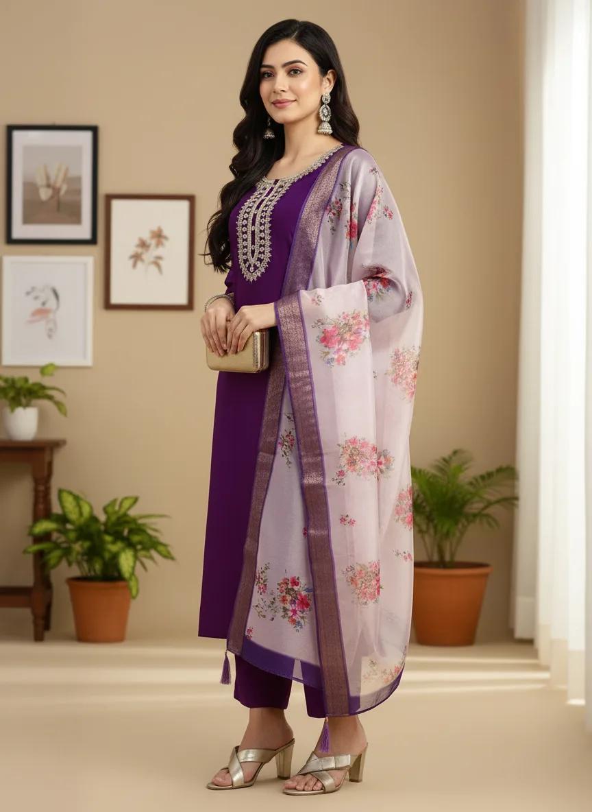 Regal Violet Rayon Suit with Contrast Cream Dupatta thumbnail 3