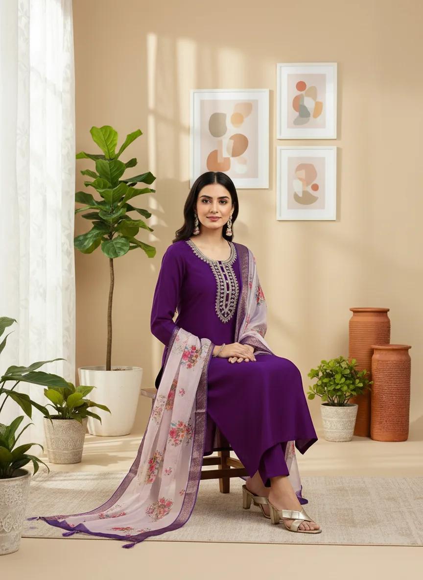 Regal Violet Rayon Suit with Contrast Cream Dupatta thumbnail 2