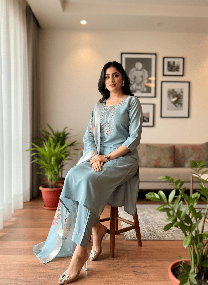 Pastel Sky Blue Rayon Set with Pink Floral Dupatta thumbnail 2