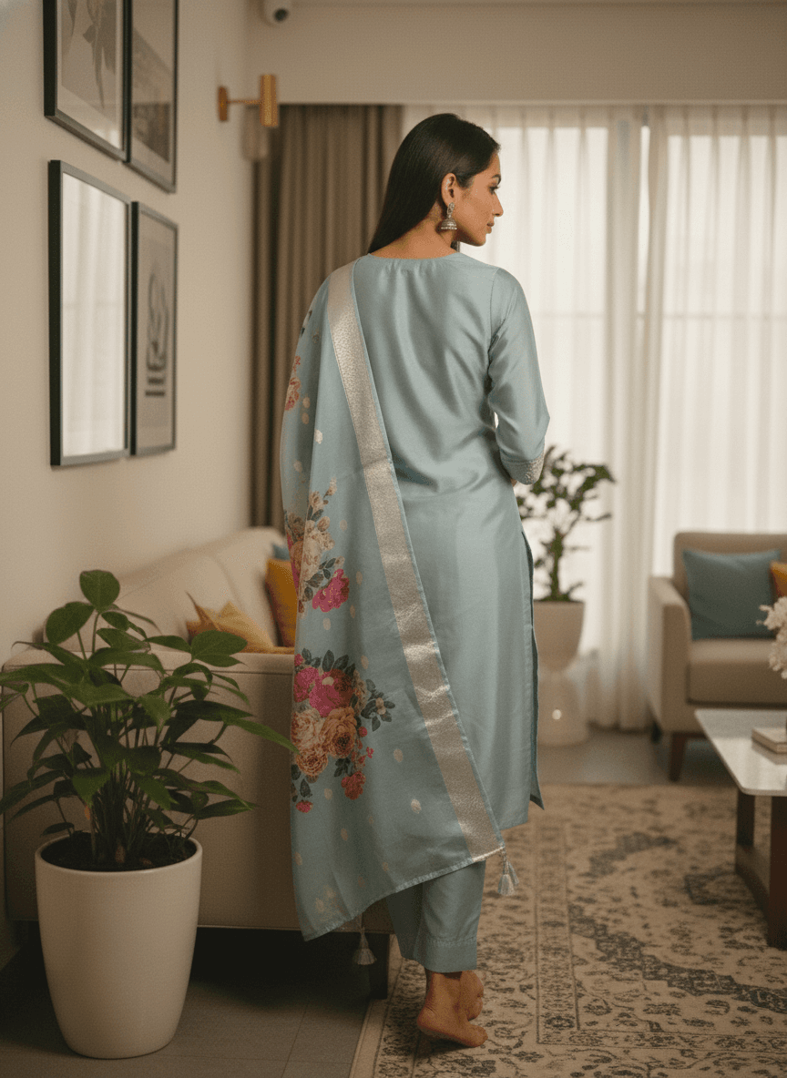 Pastel Sky Blue Rayon Set with Pink Floral Dupatta thumbnail 3