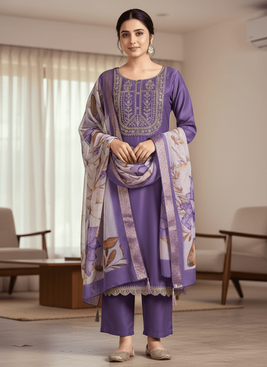 Elegant Lavender Rayon Set with Scalloped Hem thumbnail 2