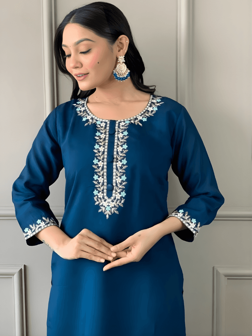 Petrol Blue Rayon Suit with Silver Zari Border Dupatta