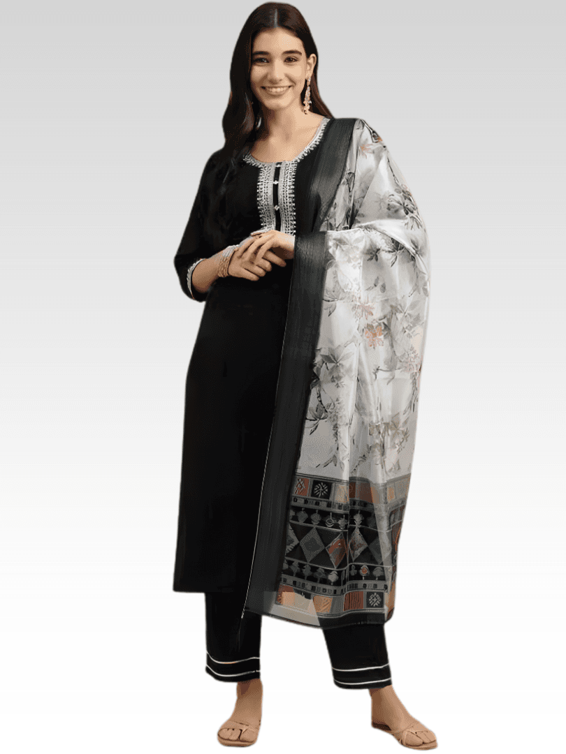 Timeless Black Rayon Suit with Geometric Border Dupatta
