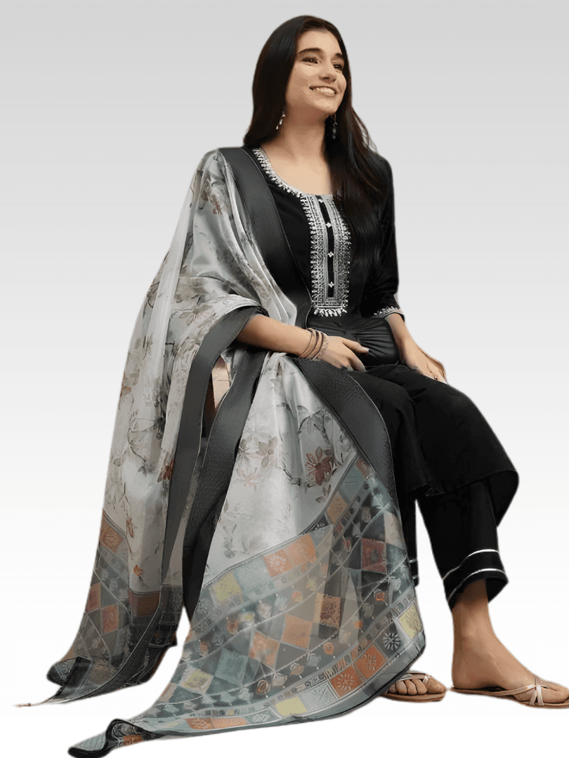 Timeless Black Rayon Suit with Geometric Border Dupatta thumbnail 2