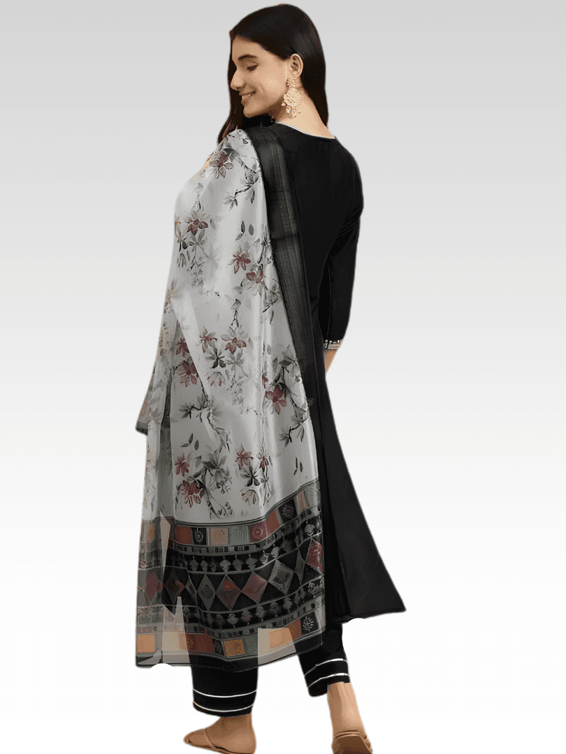 Timeless Black Rayon Suit with Geometric Border Dupatta thumbnail 3