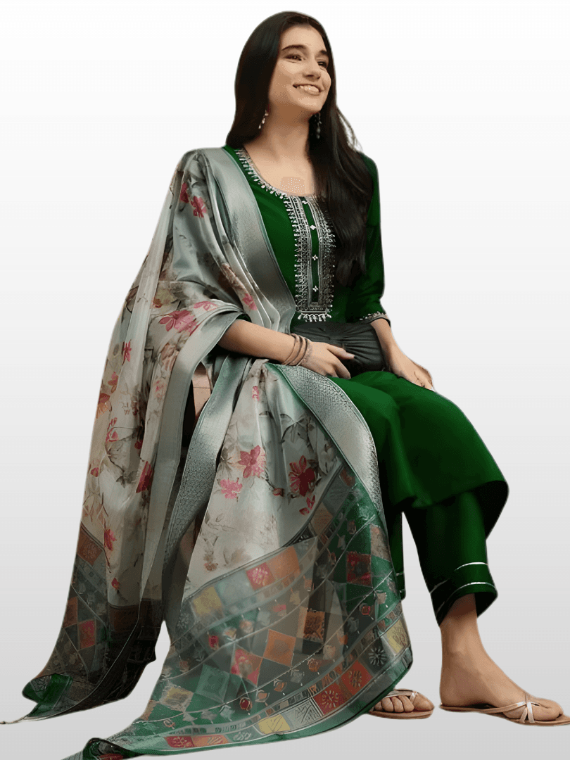 Emerald Green Rayon Ensemble with Silver Floral Dupatta