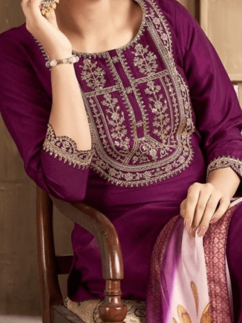 Plum Purple Kurti Set with Lace Detail & Floral Dupatta thumbnail 5