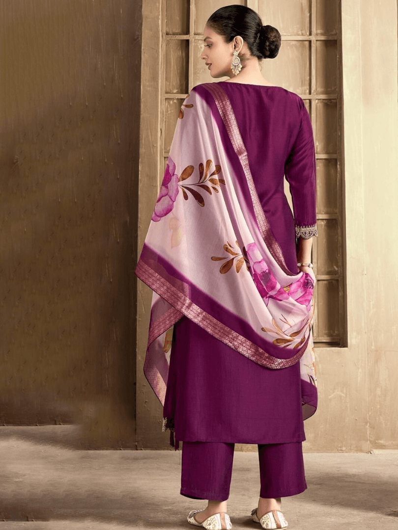 Plum Purple Kurti Set with Lace Detail & Floral Dupatta thumbnail 3