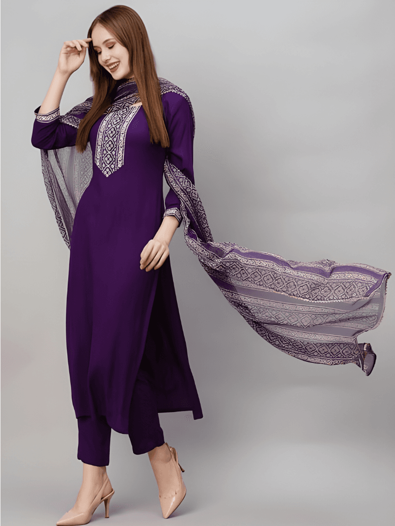 Modern Violet Rayon Suit with Geometric Print Dupatta