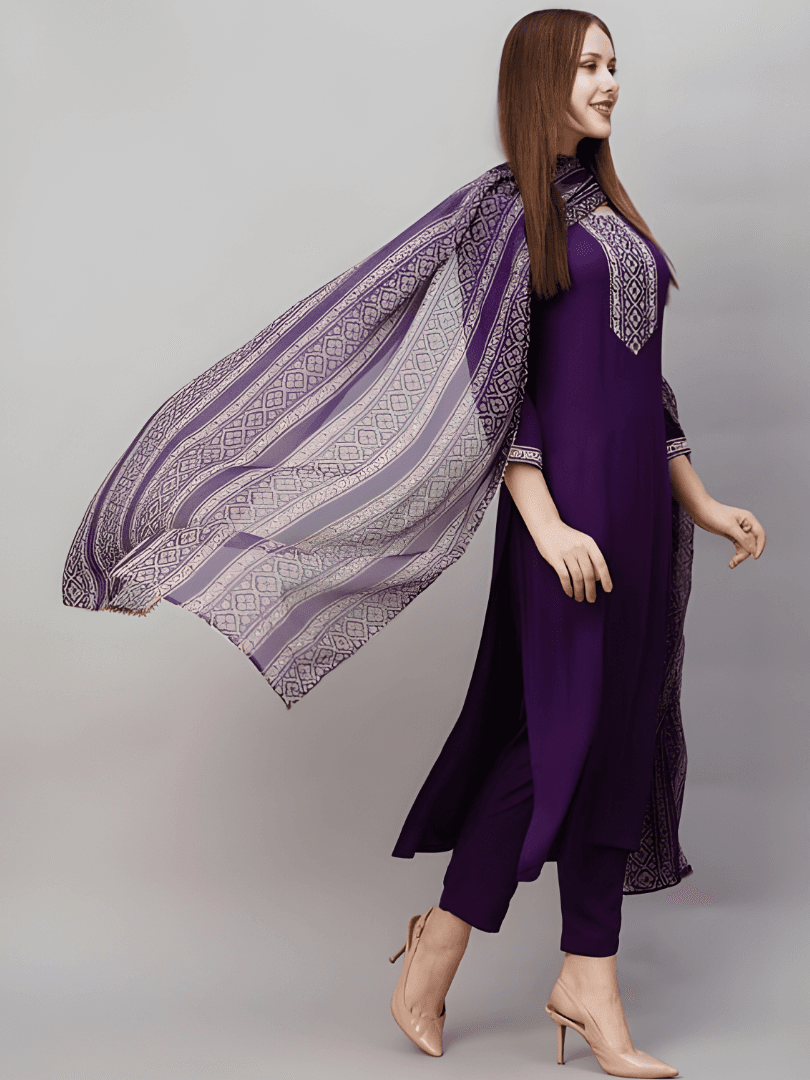 Modern Violet Rayon Suit with Geometric Print Dupatta thumbnail 2