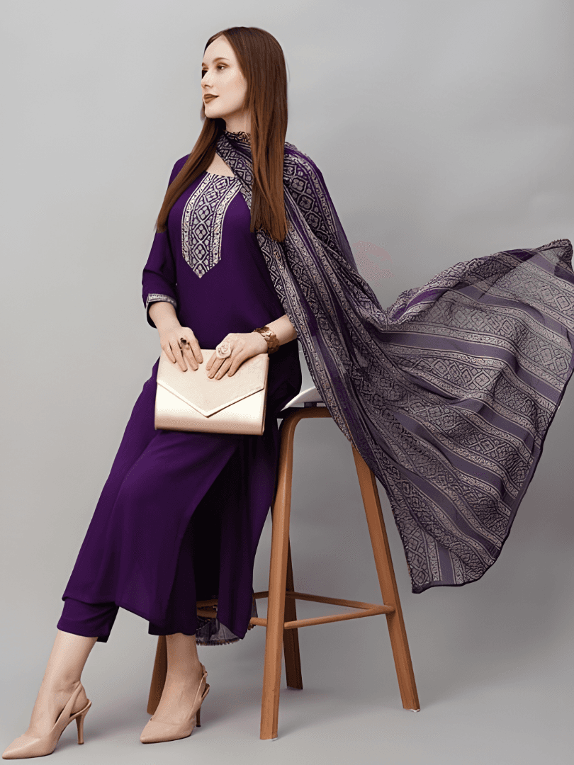 Modern Violet Rayon Suit with Geometric Print Dupatta thumbnail 3