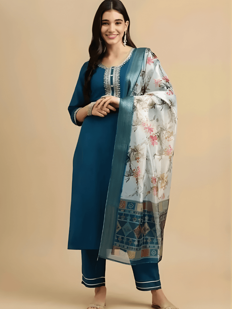 Peacock Blue Kurti Set with Floral White Dupatta