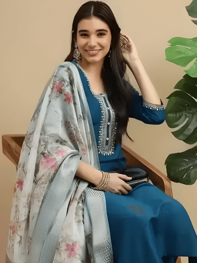 Peacock Blue Kurti Set with Floral White Dupatta thumbnail 2
