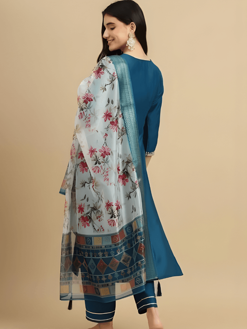 Peacock Blue Kurti Set with Floral White Dupatta thumbnail 3