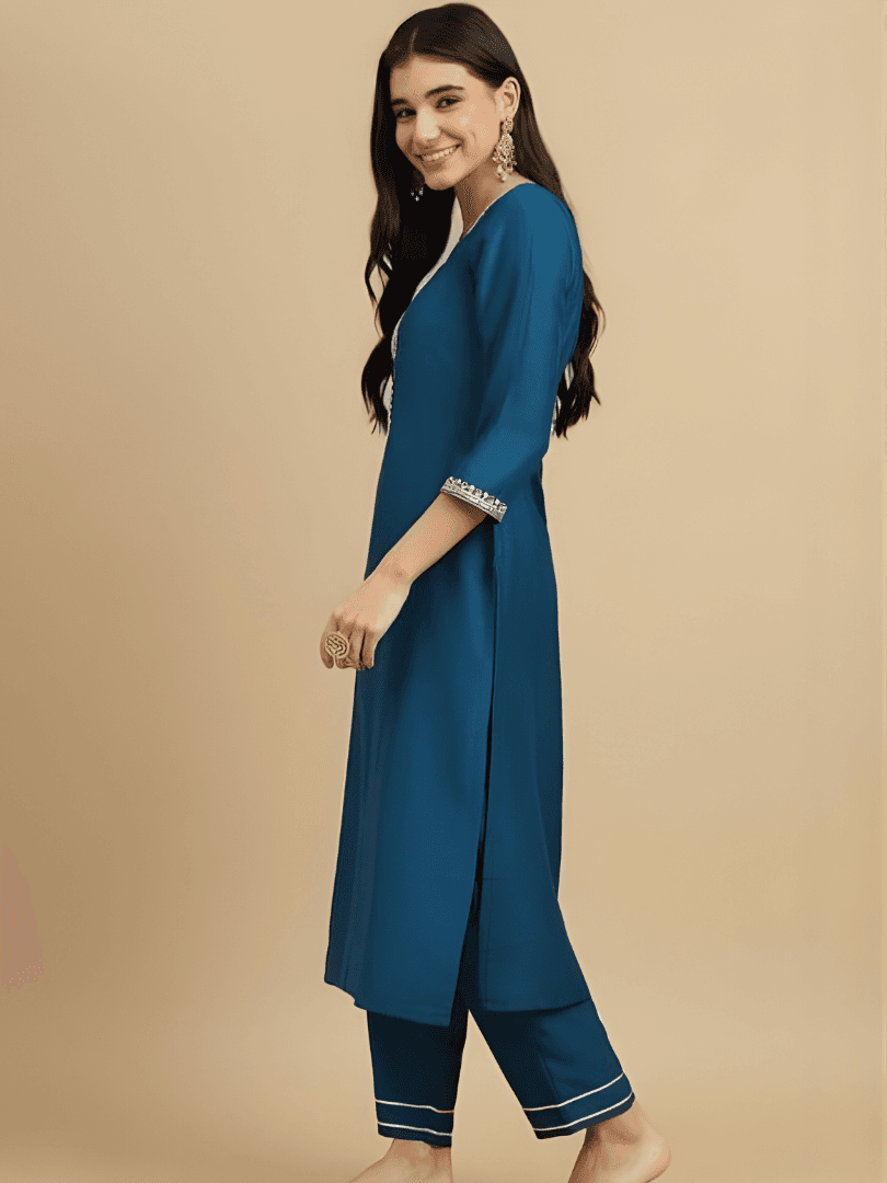 Peacock Blue Kurti Set with Floral White Dupatta thumbnail 4