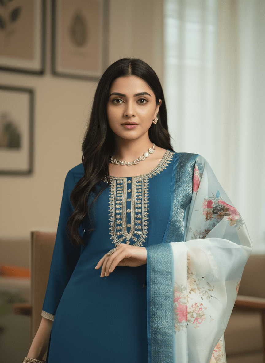 Peacock Blue Rayon Suit with White Floral Dupatta thumbnail 2