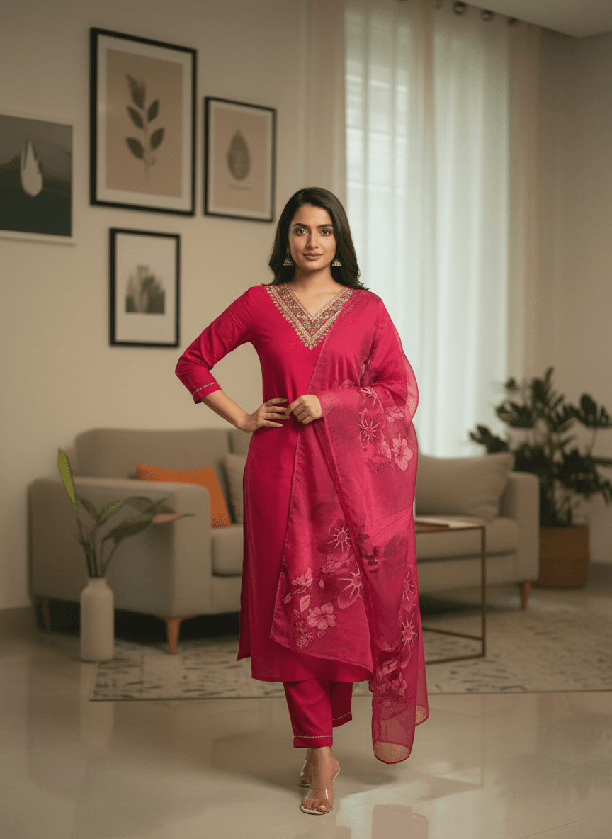 Ruby Pink Rayon Kurti Set with V-Neck Embroidery thumbnail 3