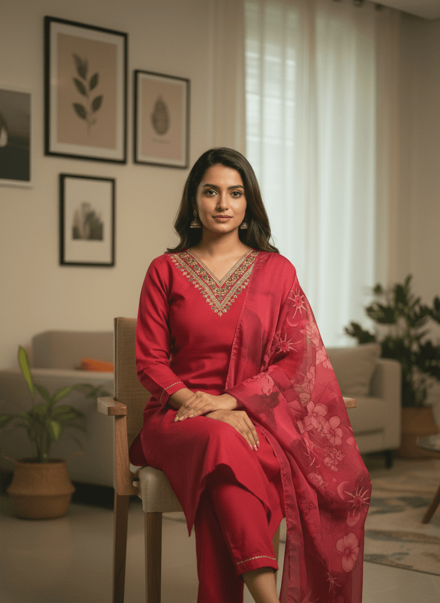 Ruby Pink Rayon Kurti Set with V-Neck Embroidery thumbnail 4