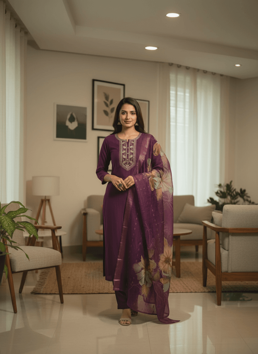 Deep Eggplant Purple Suit with Traditional Zari Work
