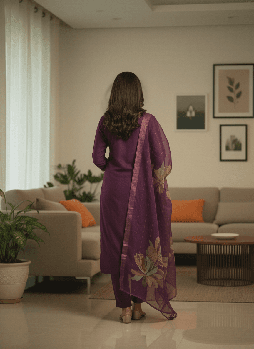 Deep Eggplant Purple Suit with Traditional Zari Work thumbnail 3