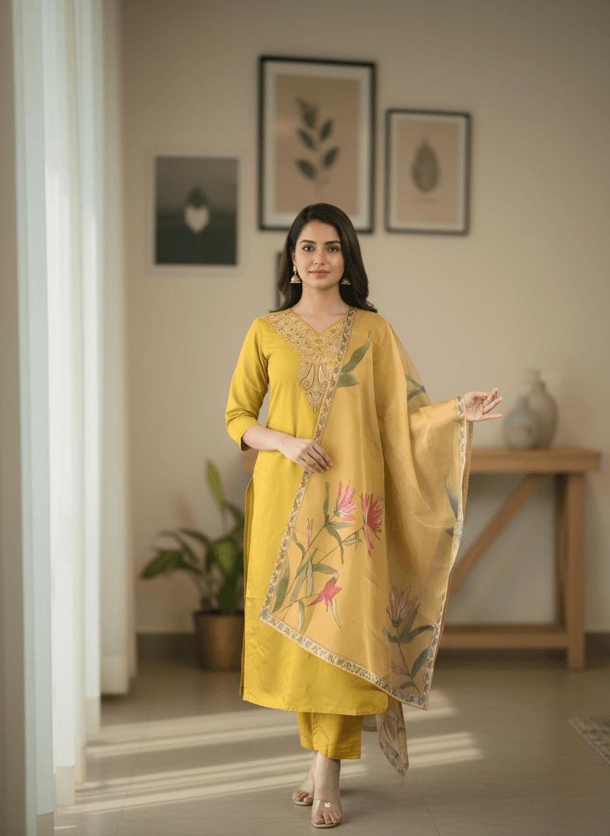 Sunshine Yellow Rayon Set with Large Floral Print Dupatta