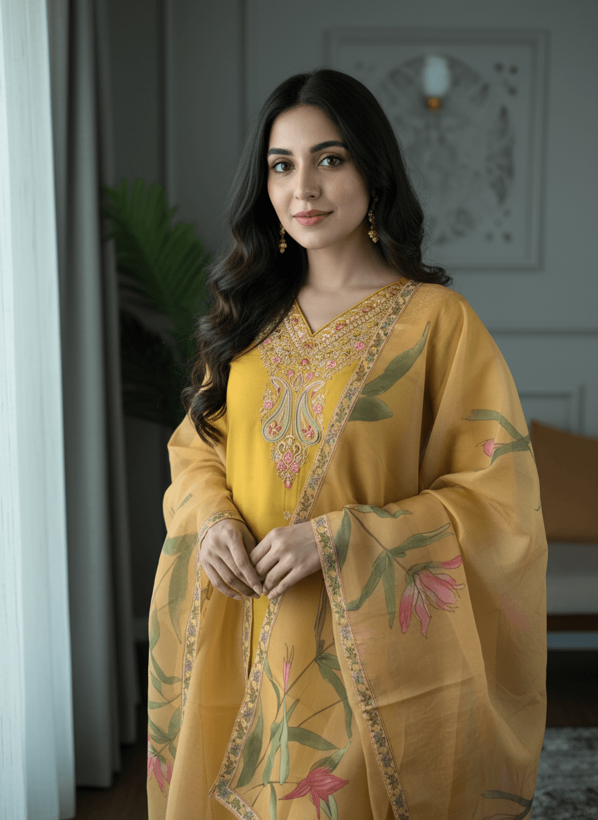 Sunshine Yellow Rayon Set with Large Floral Print Dupatta thumbnail 2