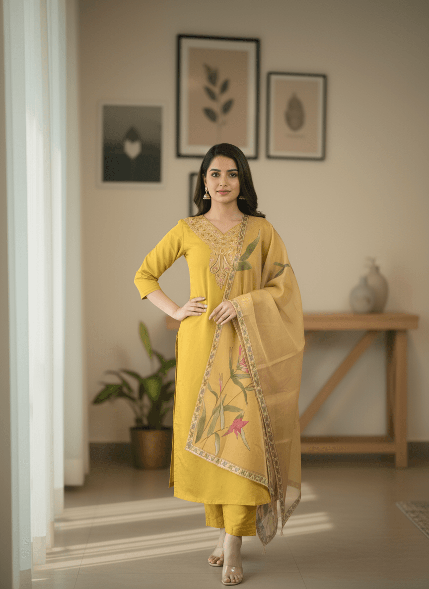 Sunshine Yellow Rayon Set with Large Floral Print Dupatta thumbnail 3