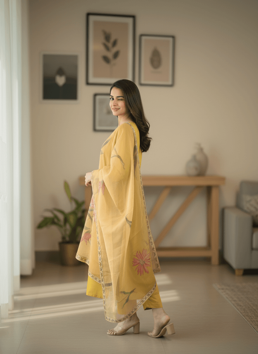 Sunshine Yellow Rayon Set with Large Floral Print Dupatta thumbnail 4