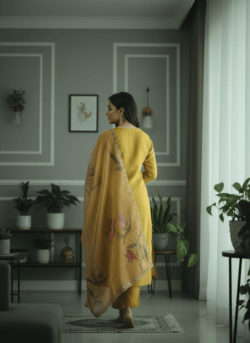 Sunshine Yellow Rayon Set with Large Floral Print Dupatta thumbnail 5