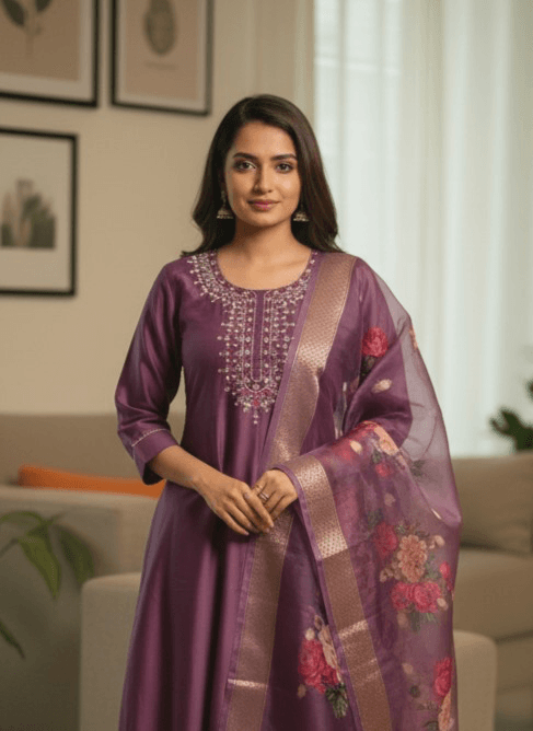 Radiant Purple Kurti Set with Cascading Floral Dupatta