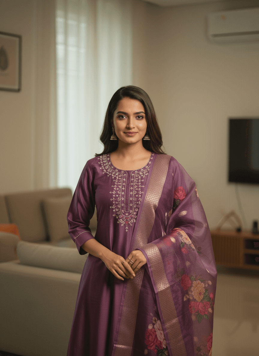 Radiant Purple Kurti Set with Cascading Floral Dupatta thumbnail 2