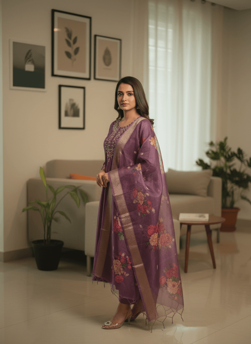 Radiant Purple Kurti Set with Cascading Floral Dupatta thumbnail 3