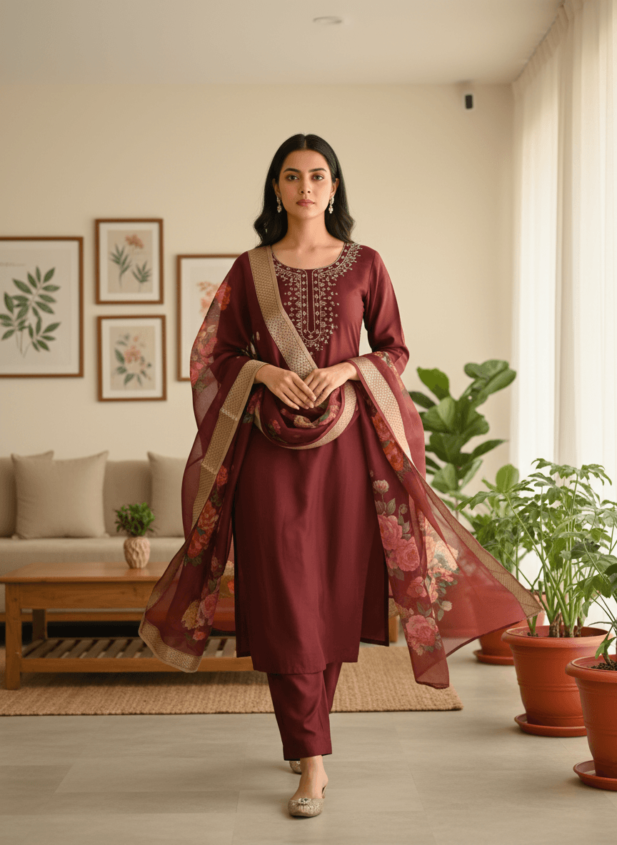 Wine Red Rayon Slub Ensemble with Floral Digital Print