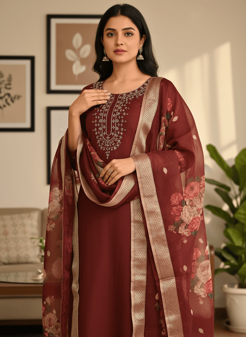 Wine Red Rayon Slub Ensemble with Floral Digital Print thumbnail 3