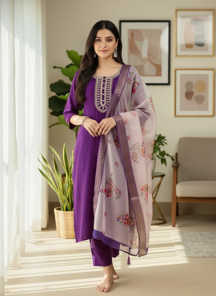 Regal Violet Rayon Suit with Contrast Cream Dupatta