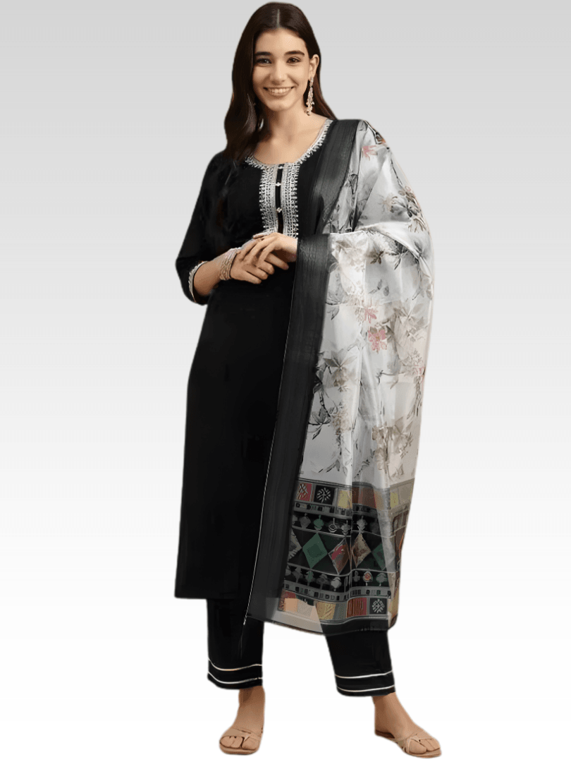 Timeless Black Rayon Suit with Geometric Border Dupatta