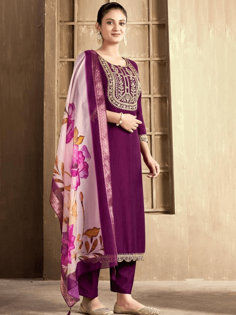 Plum Purple Kurti Set with Lace Detail & Floral Dupatta