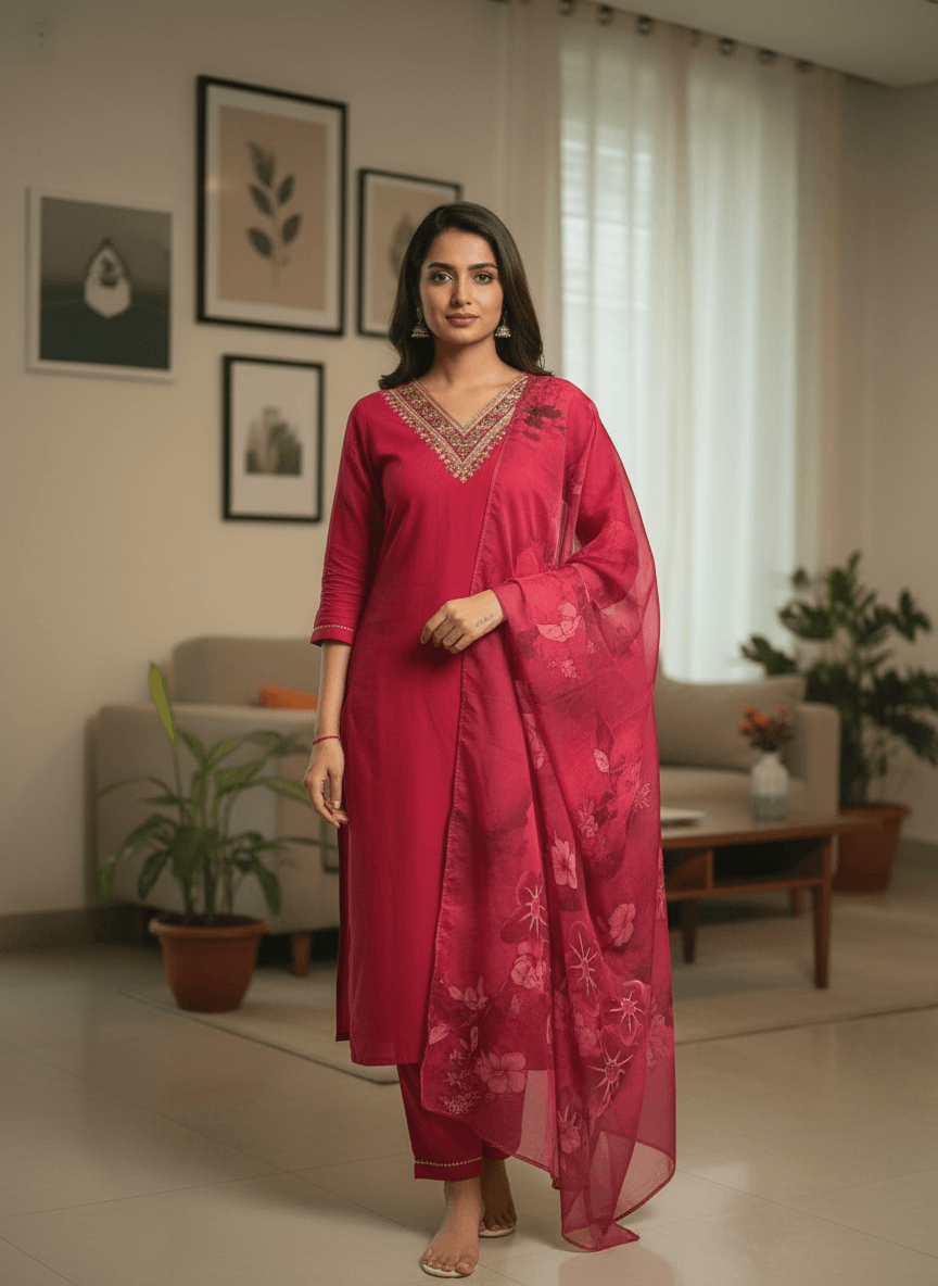 Ruby Pink Rayon Kurti Set with V-Neck Embroidery