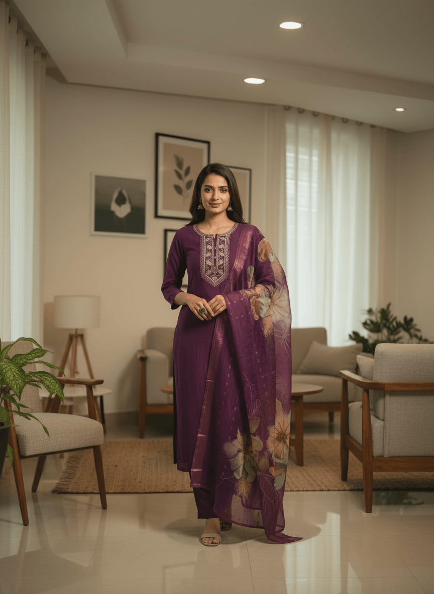 Deep Eggplant Purple Suit with Traditional Zari Work