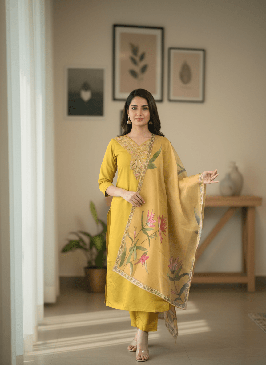 Sunshine Yellow Rayon Set with Large Floral Print Dupatta