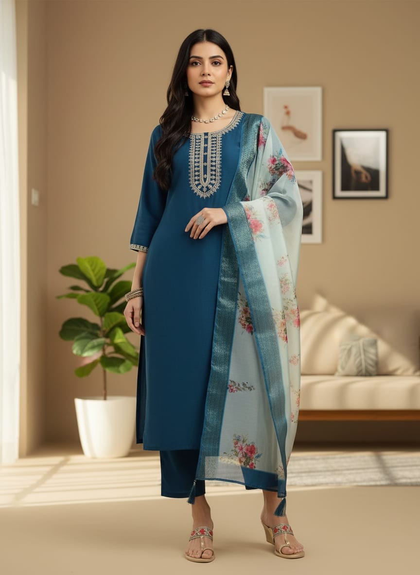 Peacock Blue Rayon Suit with White Floral Dupatta