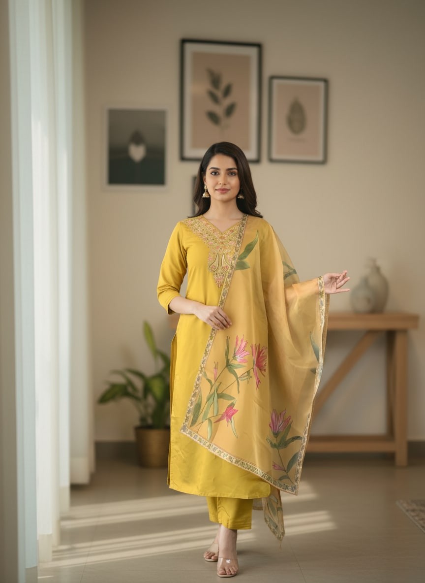 Sunshine Yellow Rayon Set with Large Floral Print Dupatta