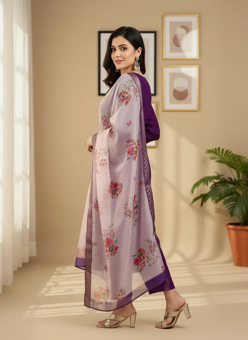 Regal Violet Rayon Suit with Contrast Cream Dupatta thumbnail 4