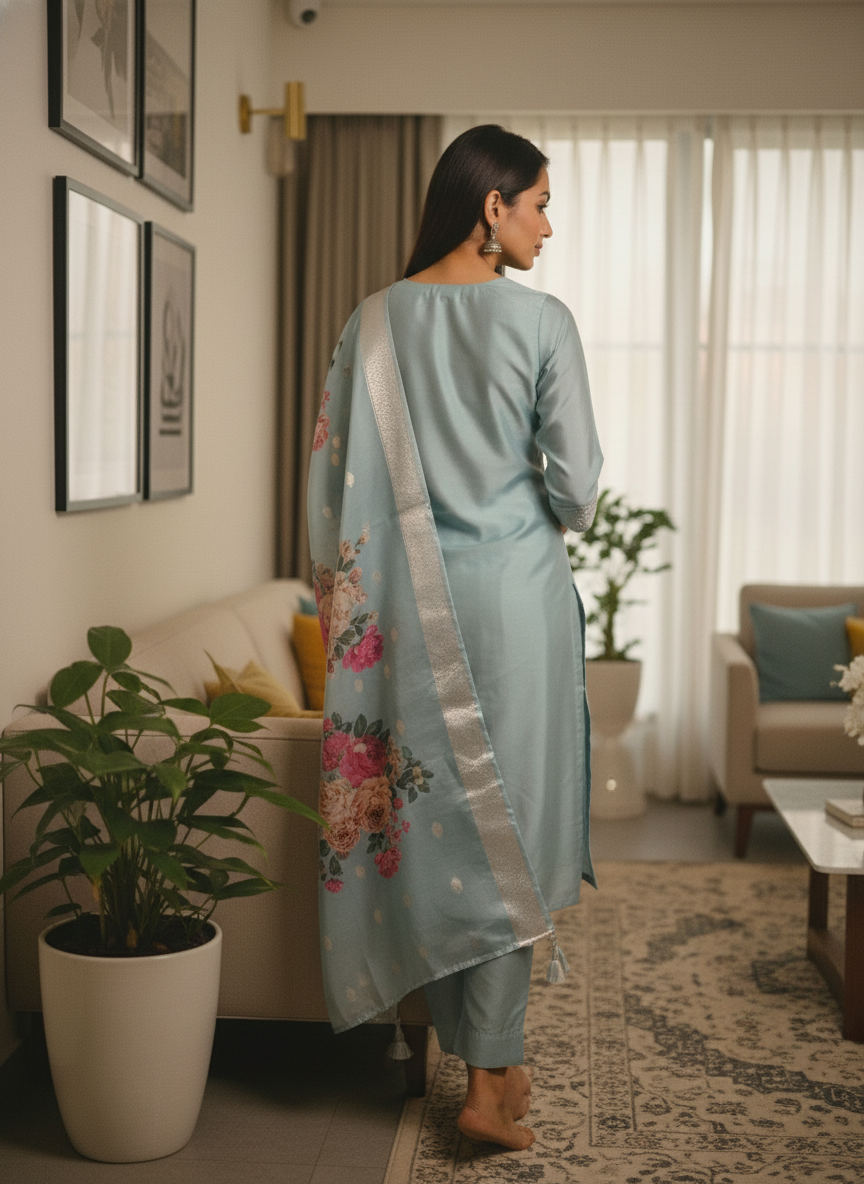 Pastel Sky Blue Rayon Set with Pink Floral Dupatta thumbnail 3