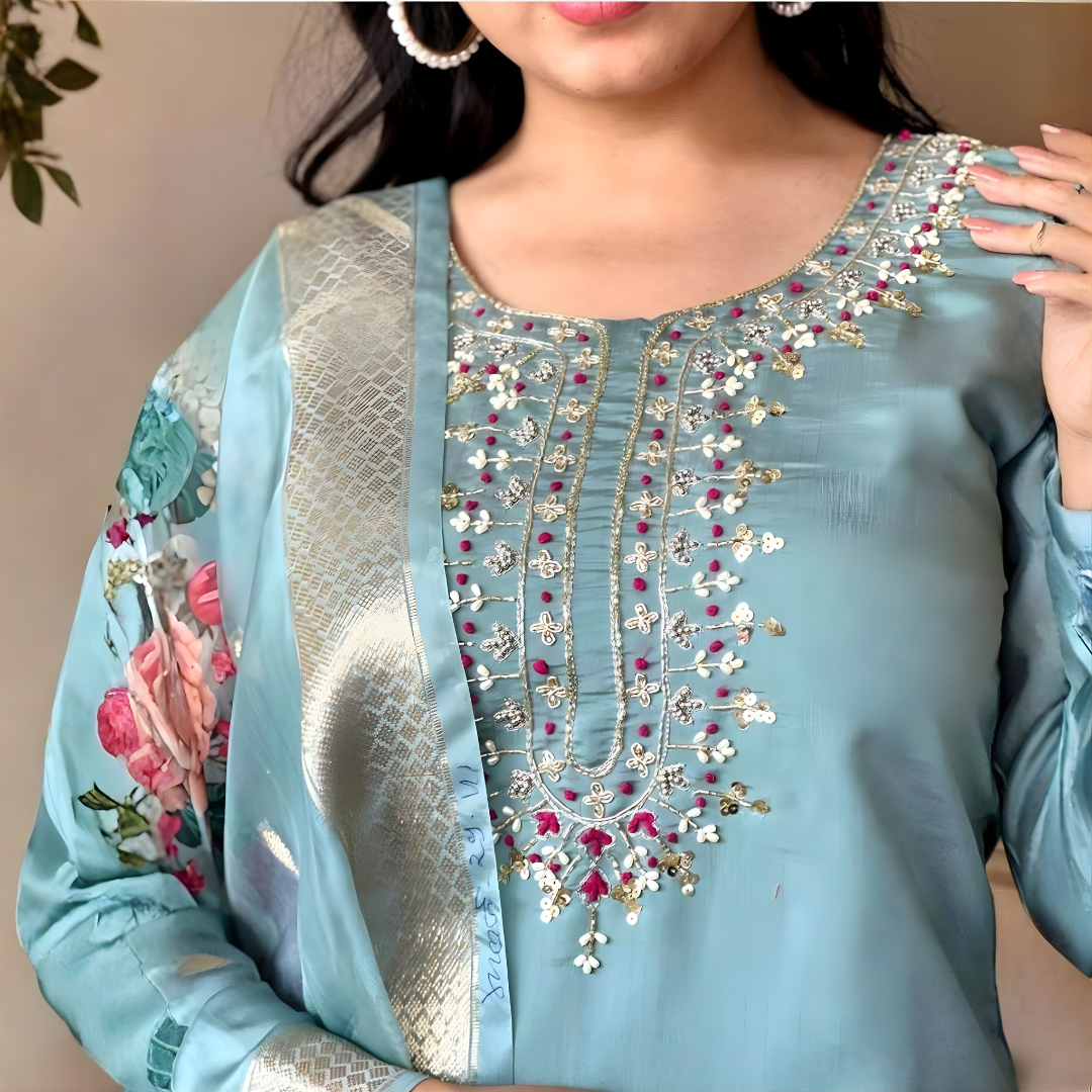 Pastel Sky Blue Rayon Set with Pink Floral Dupatta thumbnail 4