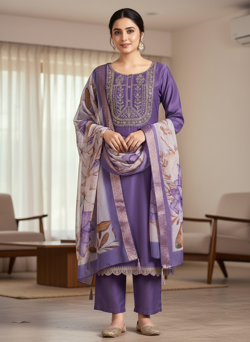 Elegant Lavender Rayon Set with Scalloped Hem thumbnail 2