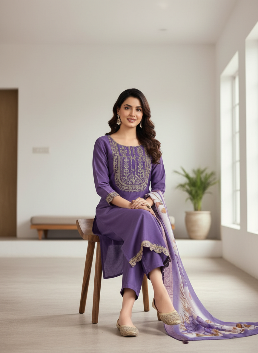 Elegant Lavender Rayon Set with Scalloped Hem thumbnail 4