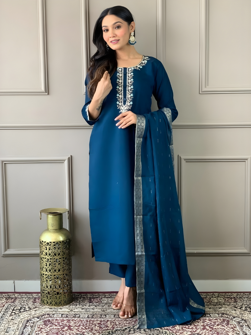 Petrol Blue Rayon Suit with Silver Zari Border Dupatta thumbnail 2