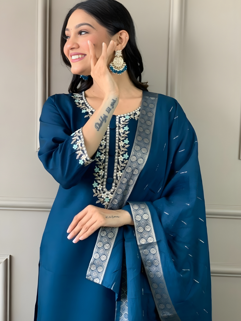 Petrol Blue Rayon Suit with Silver Zari Border Dupatta thumbnail 3